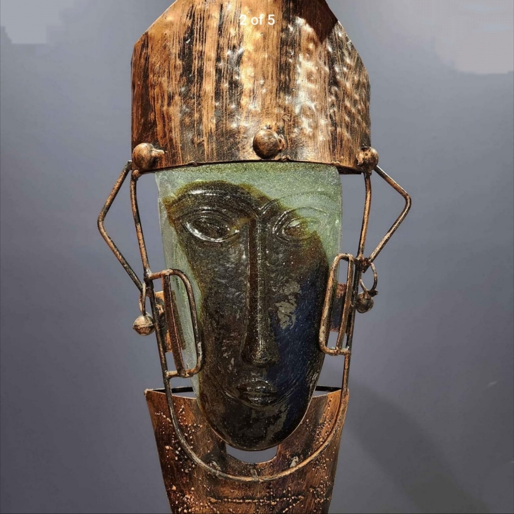 Modernist Glass Face Wall Art Candle Sconce Vintage Bronze Metal Mask MCM Boho - Picture 2 of 6